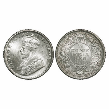 George V, Silver, 1/4 Rupee, 1930, Calcutta Mint, No dot. F. Prid 451. GK 1097. Uncirculat