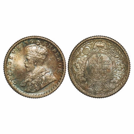 George V, Silver, 1/4 Rupee, 1934, Calcutta Mint, No dot. F. Prid 452. GK 1098. Brilliant 