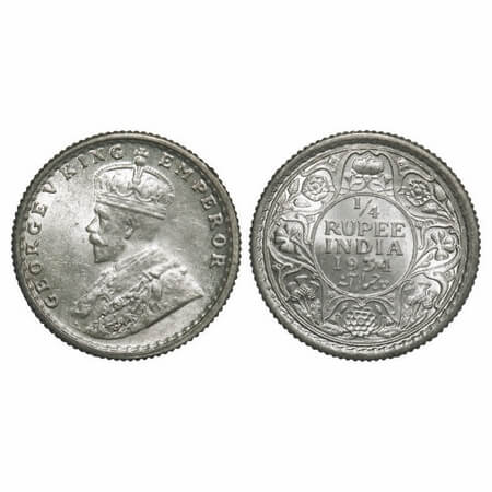 George V, Silver, 1/4 Rupee, 1934, Calcutta Mint, No dot. F. Prid 452. GK 1098. Brilliant 