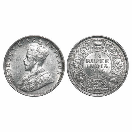 George V, Silver, 1/4 Rupee, 1936, Bombay Mint , Dot. F. Prid 460. GK 1100. About Uncircul