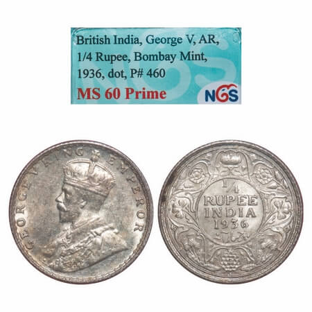 George V, Silver, 1/4 Rupee, 1936, Bombay Mint, Dot. F. Prid 460. GK 1100. NGS Slabbed MS 