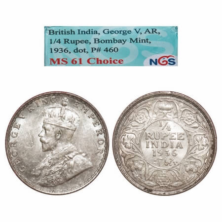 George V, Silver, 1/4 Rupee, 1936, Bombay Mint, Dot. F. Prid 460. GK 1100. NGS Slabbed MS 