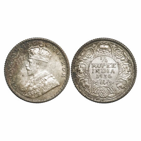 George V, Silver, 1/4 Rupee, 1936, Bombay Mint , Dot. F. Prid 460. GK 1100. Uncirculated, 