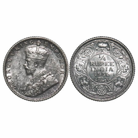 George V, Silver, 1/4 Rupee, 1936, Bombay Mint, Dot. F. Prid. 460. GK 1100. Uncirculated. 