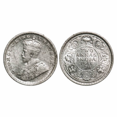 George V, Silver, 2 Annas, 1911, Calcutta Mint, No dot, Pig-Type. F. Prid 564. GK 1107. Ex
