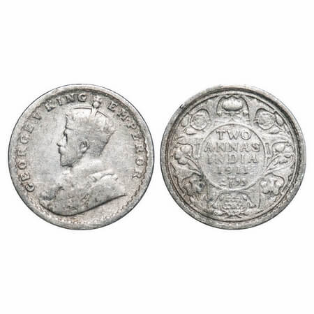 George V, Silver, 2 Annas, 1911, Calcutta Mint, No dot, Pig-Type. F. Prid 564. GK 1107. Fi