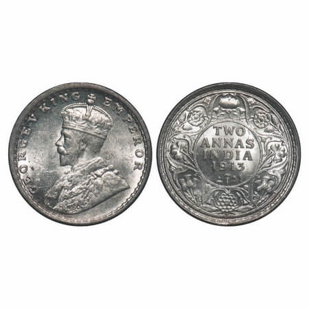George V, Silver, 2 Annas, 1913, Bombay Mint, Dot. F. Prid 572. GK 1111. Mint State. Rare.