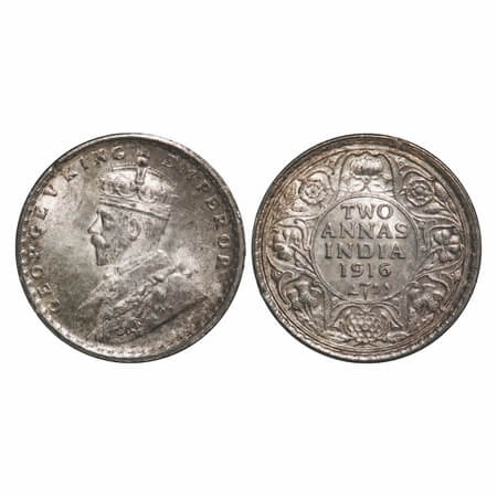 George V, Silver, 2 Annas, 1916, Calcutta Mint, No dot. F. Prid 569. GK 1116. Uncirculated