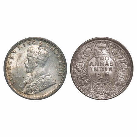 George V, Silver, 2 Annas, 1916, Calcutta Mint, No dot. F. Prid 569. GK 1116. Brilliant Un