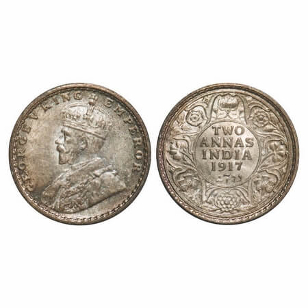 George V, Silver, 2 Annas, 1917, Calcutta Mint, No dot. F. Prid 570. GK 1117. Brilliant Un