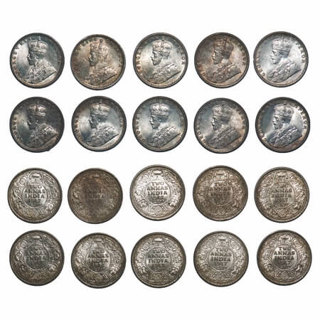 George V, Silver, 2 Annas, 1917, (10 coins), Calcutta Mint, No dot. F. Prid 570. GK 1117. 