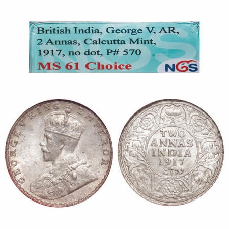 George V, Silver, 2 Annas, 1917, Calcutta Mint, No dot. F. Prid 570. GK 1117. NGS Slabbed 