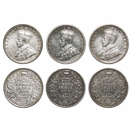 George V, Silver, 2 Annas, 1917, (3 coins), Calcutta Mint, No dot. F. Prid 570(3). GK 1117