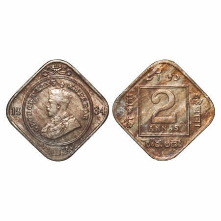 George V, Copper-Nickel, 2 Annas, 1934, Calcutta Mint, No dot. F. Prid 892. GK 1137. Extre