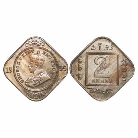 George V, Copper-Nickel, 2 Annas, 1935, Bombay Mint, Dot. F. Prid 902. GK 1139. Brilliant 