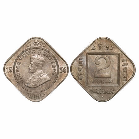 George V, Copper-Nickel, 2 Annas, 1936, Bombay Mint, Dot. F. Prid 903. GK 1140. Mint State
