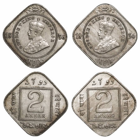 George V, Copper-Nickel, 2 Annas, 1936 (2 coins), Bombay Mint, Dot. F. Prid 903. GK 1140(2