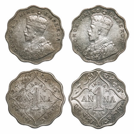George V, Copper-Nickel, 1 Anna, (2 coins), 1913, 1916, Bombay Mint, No dot. F. Prid 943, 