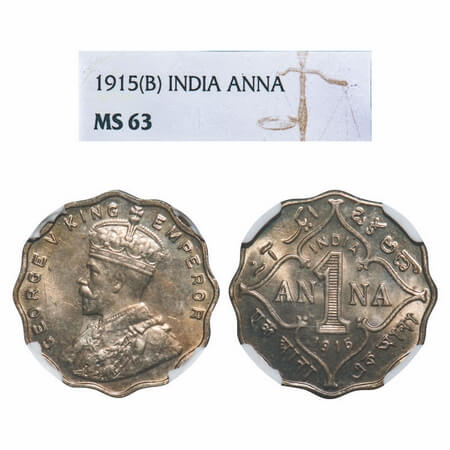 George V, Copper-Nickel, 1 Anna, 1915, Bombay Mint, No dot. F. Prid 953. GK 1145. NGC Slab