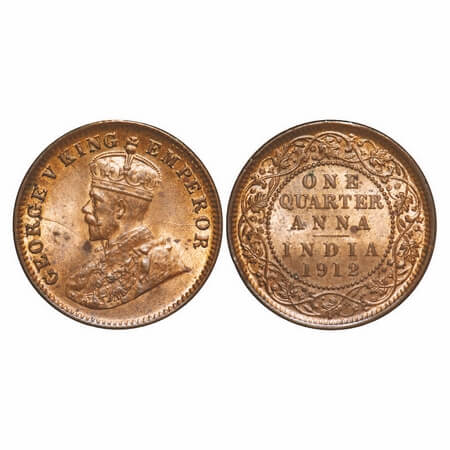 George V, Bronze, Quarter Anna, 1912, Calcutta Mint, No dot, A verticle die crack runs dow