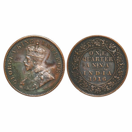 George V, Bronze, Quarter Anna, 1916, Calcutta Mint, No dot. F. Prid 661. GK 1175. Extreme
