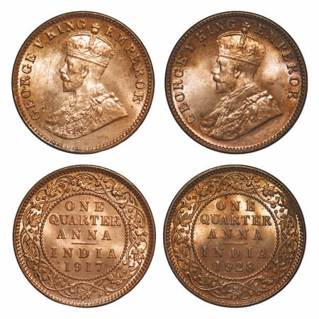 George V, Bronze, Quarter Anna, 1917, 1928, (2 coins), Calcutta Mint, No dot. F. Prid 662,