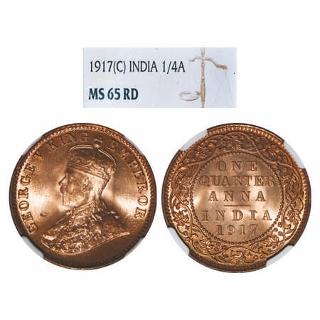 George V, Bronze, Quarter Anna, 1917, Calcutta Mint, No dot. F. Prid 662. GK 1176. NGC Sla