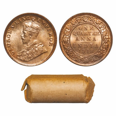 George V, Bronze, Quarter Anna, 1918, (Roll of 32 coins), Calcutta Mint, No mint mark, (Si