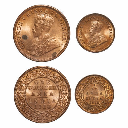 George V, Bronze, Quarter Anna & 1/12 Anna, (2 coins), 1918 & 1915, Calcutta Mint, No dot.