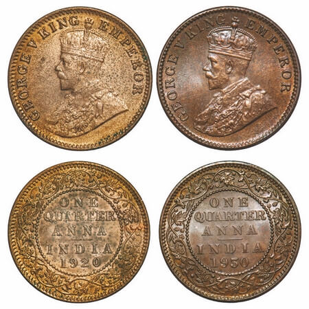 George V, Bronze, Quarter Anna, 1920, 1930, Calcutta Mint, No dot. F. Prid 665, Unlisted. 