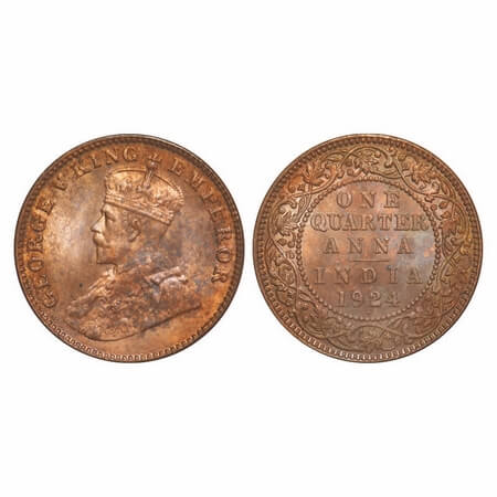George V, Bronze, Quarter Anna, 1924, Bombay Mint, Dot. F. Prid 677. GK 1180. Brilliant Un