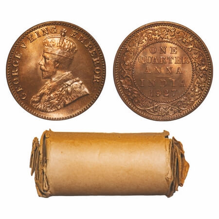 George V, Bronze, Quarter Anna, 1927, (Roll of 32 coins), Bombay Mint, Dot. F. Prid 680. G