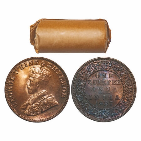 George V, Bronze, Quarter Anna, 1927, (Roll of 32 coins), Bombay Mint, Dot. F. Prid 680. G