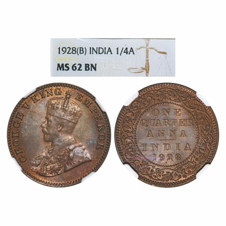 George V, Bronze, Quarter Anna, 1928, Bombay Mint, Dot. F. Prid 681. GK 1187. NGC Slabbed 