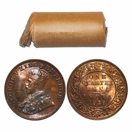 George V, Bronze, Quarter Anna, 1928, (Roll of 32 coins), Bombay Mint, Dot. F. Prid 681. G
