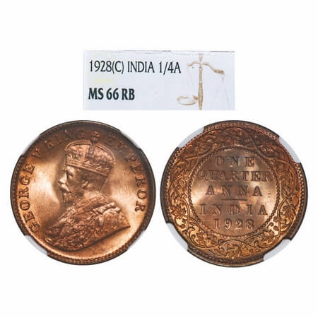 George V, Bronze, Quarter Anna, 1928, Calcutta Mint, No dot. F. Prid 669. GK 1188. NGC Sla
