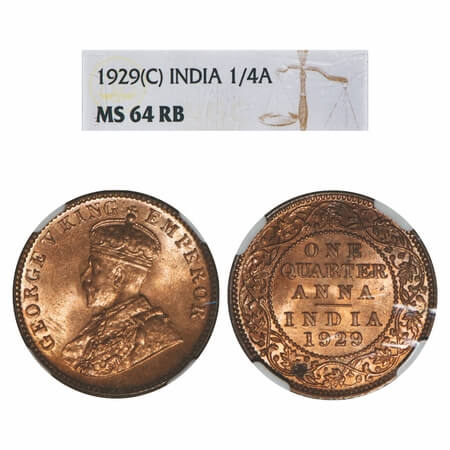 George V, Bronze, Quarter Anna, 1929, Calcutta Mint, No dot. F. Prid 670. GK 1189. NGC Sla