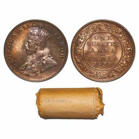 George V, Bronze, Quarter Anna, 1930, (Roll of 32 coins), Bombay Mint, Dot, Elephant Type.