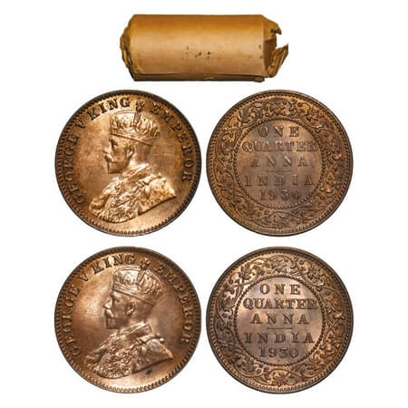 George V, Bronze, Quarter Anna, 1930, (Roll of 32 coins), Bombay Mint, Dot, Elephant Type,