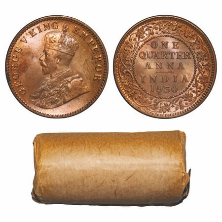 George V, Bronze, Quarter Anna, 1930, (Roll of 32 coins), Calcutta Mint, No dot. F. Prid U