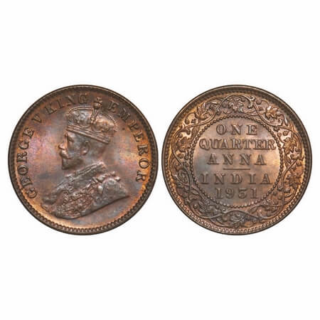 George V, Bronze, Quarter Anna, 1931, Calcutta Mint, No dot. F. Prid 672. GK 1192. Brillia