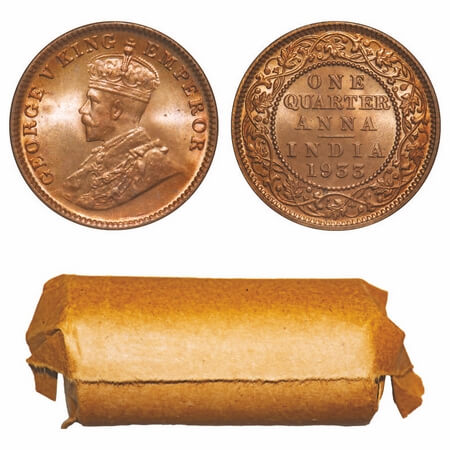 George V, Bronze, Quarter Anna, 1933, (Roll of 32 coins), Calcutta Mint, No dot (Single mi