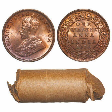 George V, Bronze, Quarter Anna, 1936, (Roll of 32 coins), Calcutta Mint, No dot. F. Prid 6