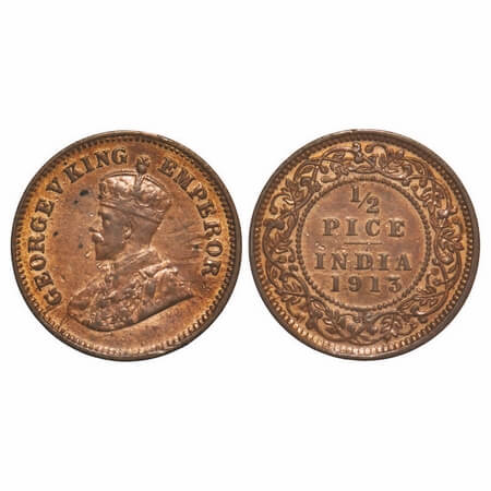 George V, Bronze, 1/2 Pice, 1913, Calcutta Mint, No mint mark. F. Prid 746. GK 1199. Extre