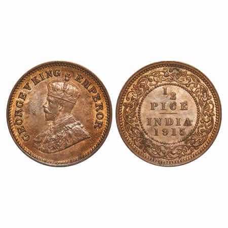 George V, Bronze, 1/2 Pice, 1915, Calcutta Mint, No mint mark. F. Prid 748. GK 1201. Extre