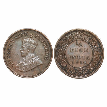 George V, Bronze, 1/2 Pice, 1916, Calcutta Mint, No mint mark. F. Prid 749. GK 1202. Extre