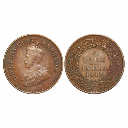 George V, Bronze, 1/2 Pice, 1918, Calcutta Mint, No mint mark,F. Prid 751. GK 1204. Extrem