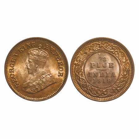 George V, Bronze, 1/2 Pice, 1919, Calcutta Mint, No mint mark. F. Prid 752. GK 1205. Uncir