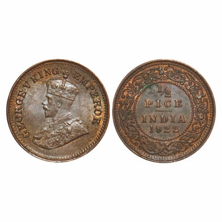 George V, Bronze, 1/2 Pice, 1922, Calcutta Mint, No mint mark. F. Prid 755. GK 1208. Extre