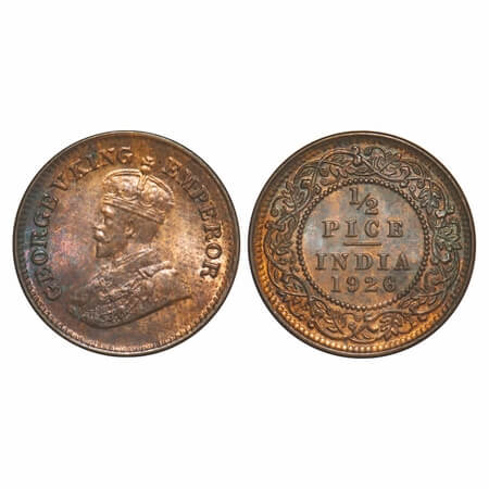 George V, Bronze, 1/2 Pice, 1926, Calcutta Mint, No mint mark. F. Prid 759. GK 1212. Uncir